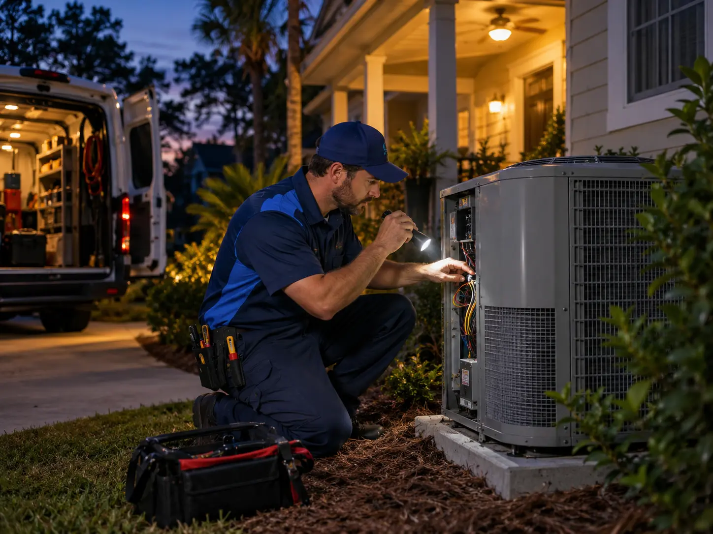 Evening emergency air conditioning service call at a Tallahassee home with the condenser access panel open
