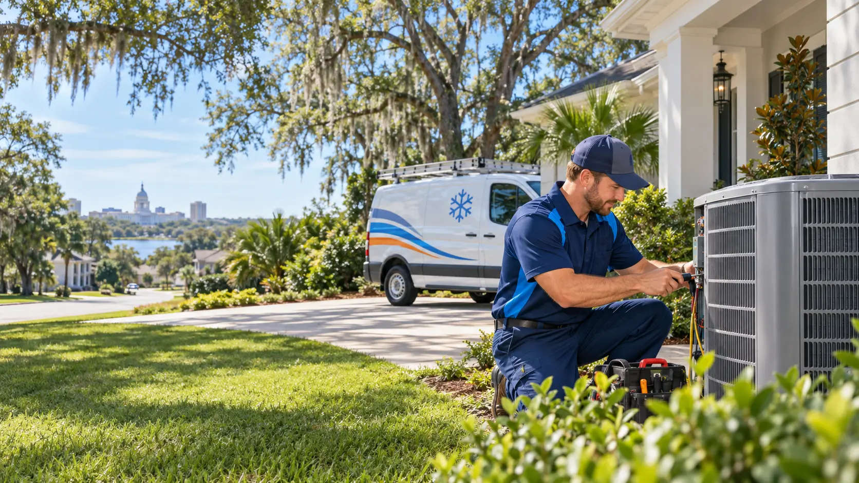 Residential AC technician servicing an outdoor condenser at a Tallahassee home with a service van and Spanish moss oaks nearby