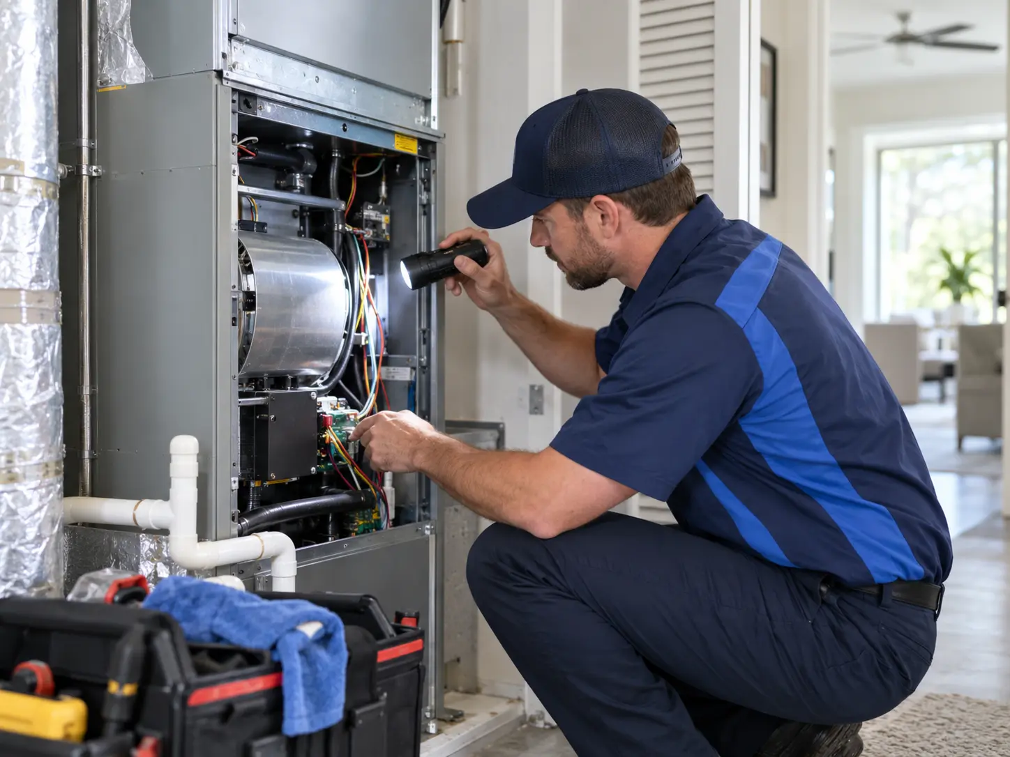 Technician inspecting the control board and blower inside a residential indoor air handler with a flashlight